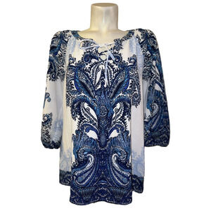 FIG and FLOWER Anthropologie Top Size L Blue White Printed Lace Blouse Shirt